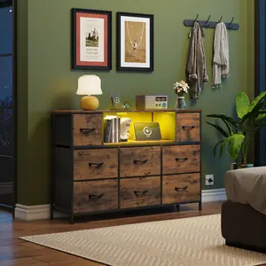 WLIVE Dresser TV Stand for 45, 50, 55 inch TV, Entertainment Center with LED Lights & Charging Station, Chest of Drawers with 8 Fabric Drawers and Open Shelves for Living Room, Hallway, Wood Top