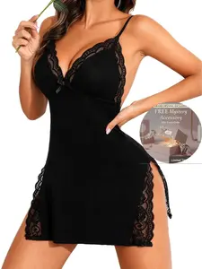 Chemise Nightgown Lingerie for Women,Lingerie Set Valentine,Soft and Breathable Loungewear with Adjustable Straps, Side Slits, Stretchy Fabric Valentine's Day Lace Nightdress Suspender