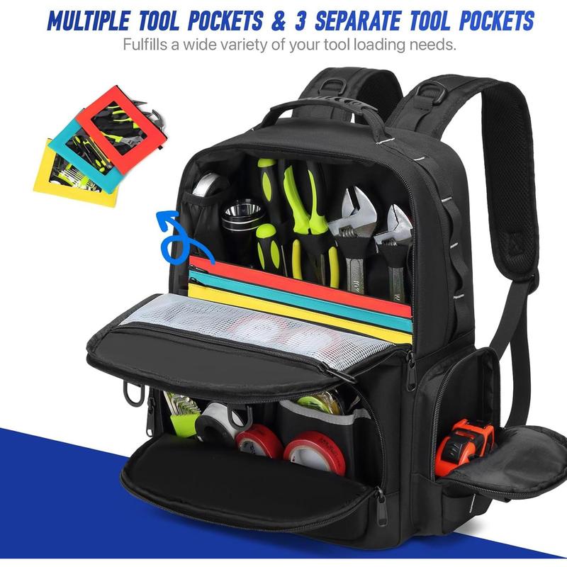 Tool Backpack,Heavy Duty Tool Bags for Men,Tool Storage Organizer Bag With 3 Tool Pouches for Electrician/Industrial/Construction/Tactical/Hvac Techs/Repairman Work