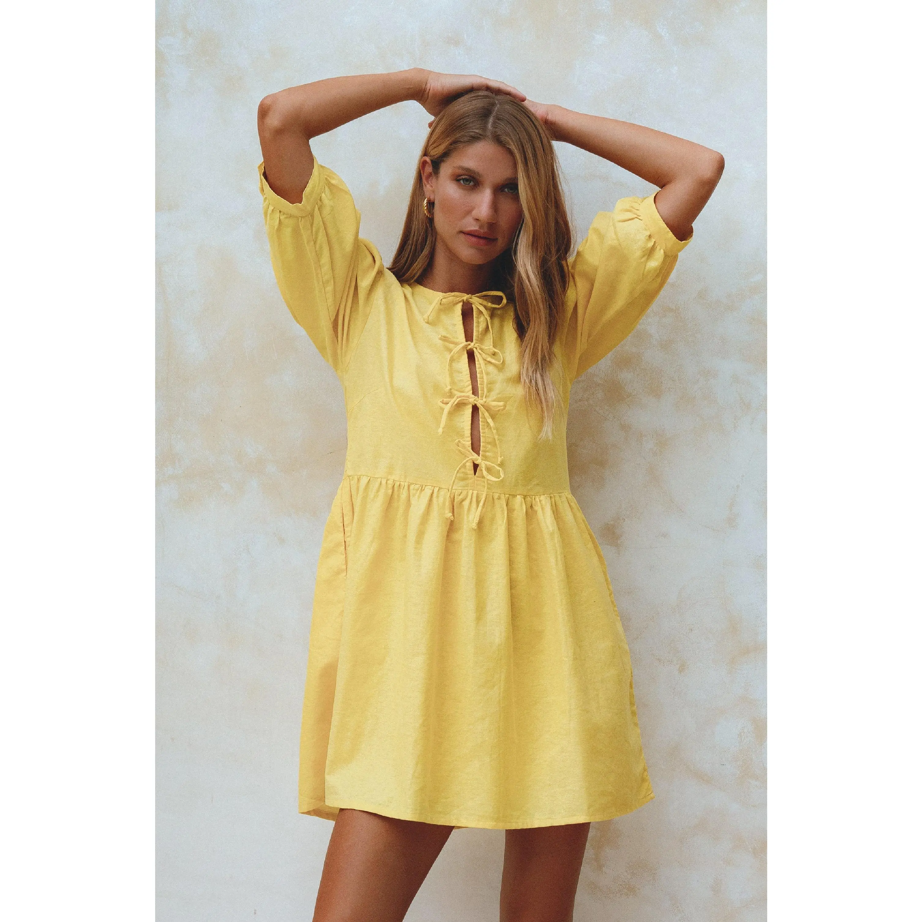 Beatrice Puff Sleeve Linen Mini Dress - Pineapple