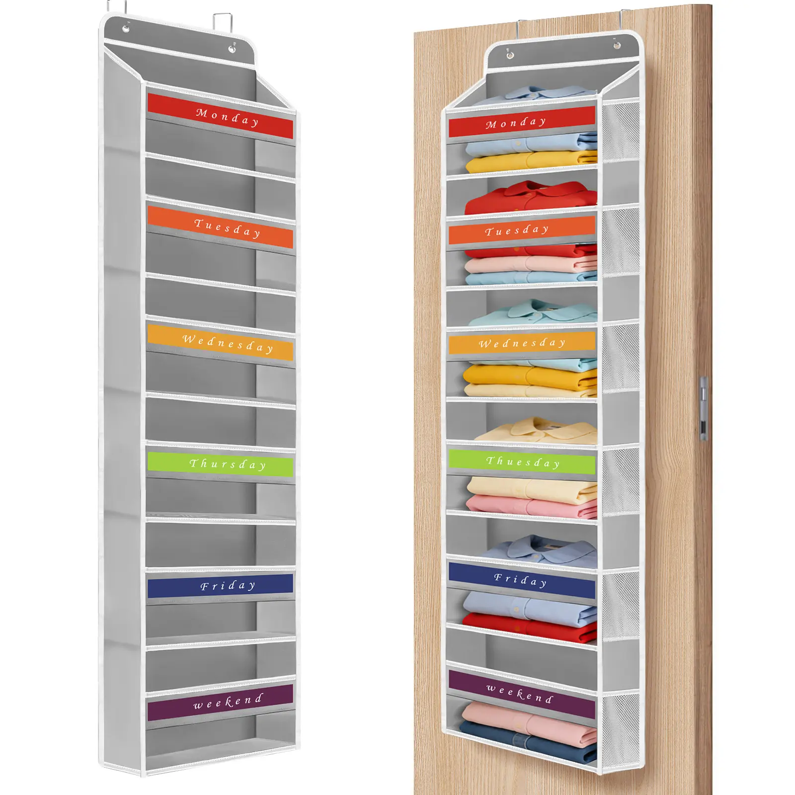 Over The Door  Hanging Bag with 6 side pocket, Weekly Clothing Organizer，Perfect For Everyday Clothing or Diaper,Wet wipes storage，Anti-Tilt Design, 44 lb Capacity for Bedroom, Bathroom, Dormitory Storage,#SummerWins #DealsForYouDays