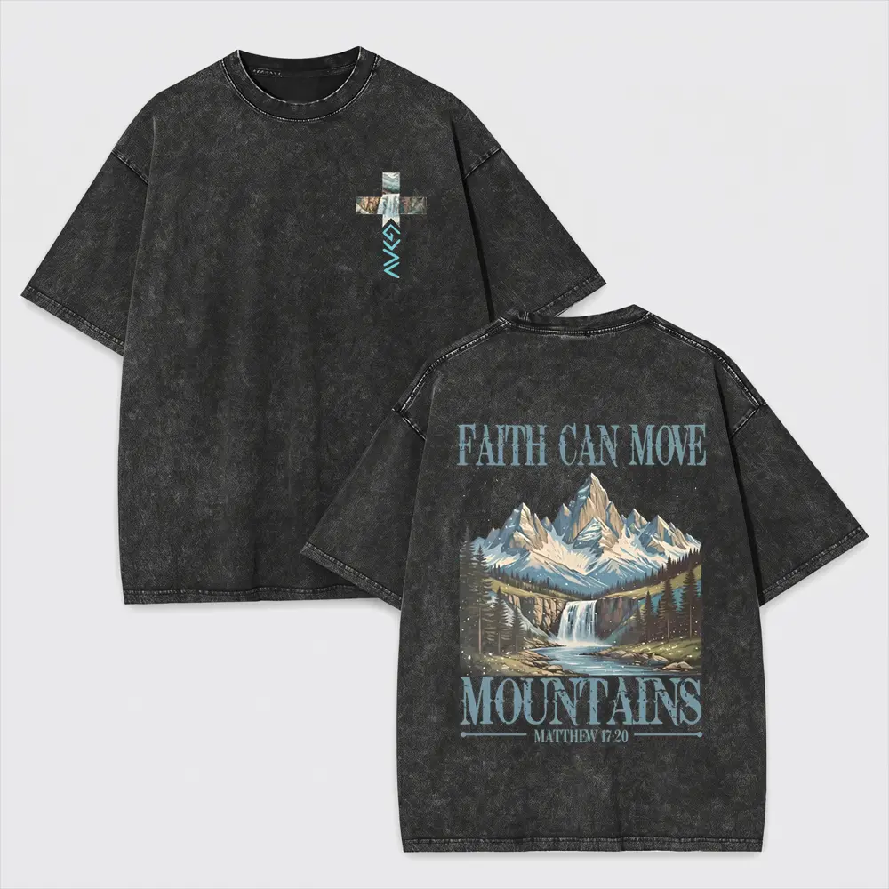 Faith Can Move Mountains Christian Washed T-Shirt Vintage Washed Men's Oversized T-Shirt Faith Can Move Mountains Matthew 17:20 Graphic Tee Retro Nature Waterfall Print Streetwear Casual Top Breathable Cotton Drop Shoulder Activewear for Daily Life