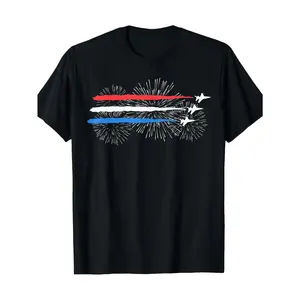 Men's Patriotic Red White & Blue Fighter Jets Fireworks Graphic T-Shirt - 100% Cotton , Regular Fit Short Sleeve Casual Tee for Fourth of July, Independence Day & Casual Attire, Holiday Apparel, Dynamic Artwork, Soft Fabric, Festival Goers