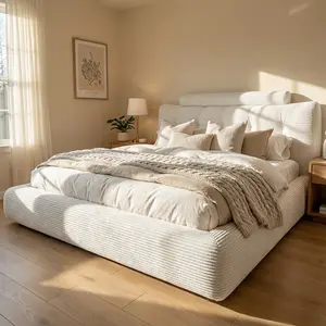 Raybee Full Queen King Size Cloud Bed Frame with Soft Button Design Headboard& Reading Pillow, Foam Marshmellow Bed Frame with Anti-Collision Soft Frame & Round Corner Design, Easy Assembly for Bedroom, Apartments, Guest Rooms, Modern, Creamy Decor, Beige