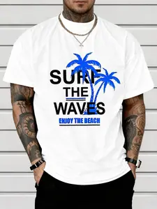 Men's High-Definition Coconut Tree Print Short Sleeve T-Shirt, Fashion Casual Round Neck Top, Street Style, Comfortable Fabric