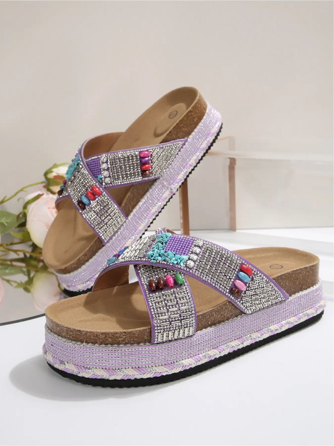 2026 New Bohemian style sandals Rhinestone Colorful Beaded Platform Wedge Sandals Women Summer Thick Platform Peep-Toe Flip-Flops Cross Strap Design Crossed Straps Sandals Fashion Vacation Beach Shoes Casual Versatile Lazy Sandals