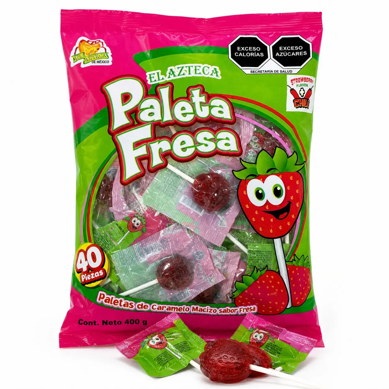 El Azteca Mexican Strawberry Flavor Snack Candies, 40ct Bulk Individual Packets Lollipops, Sweet & Spicy Party Pack
