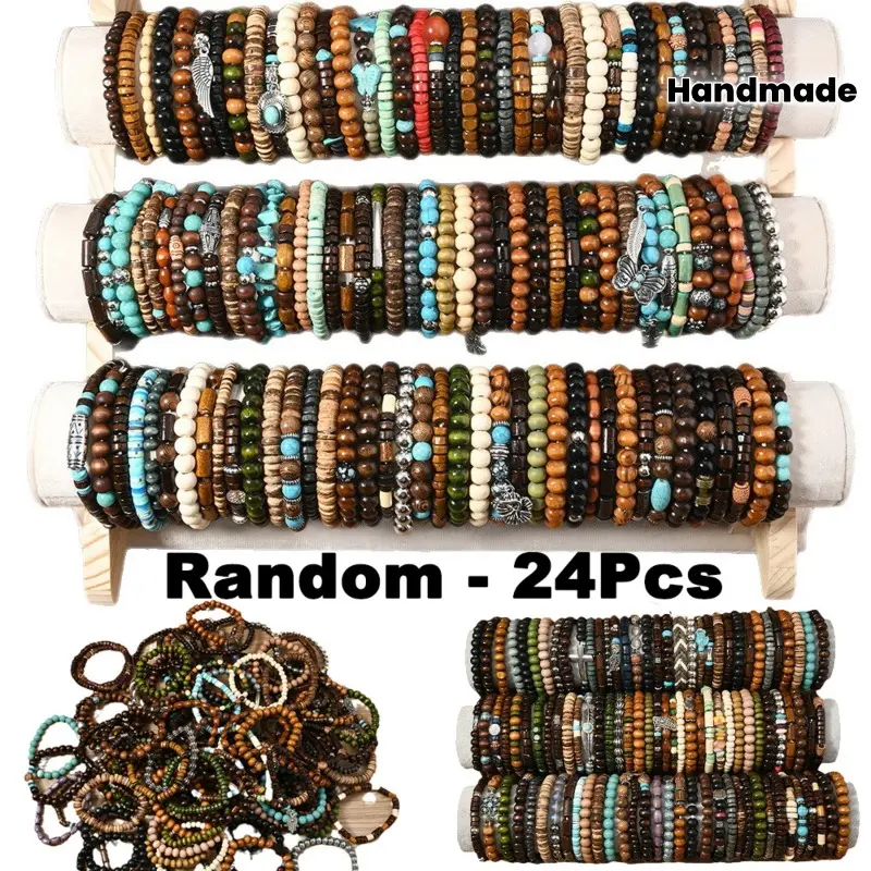 24Pcs Men's Classic Retro Multi-layer Minimalist Bracelet Set - Handmade Elastic Thread Turquoise Beaded Stacking Set for Vacations, Beach Wear (Random Styles, Elastic Bead Bracelets & Bangles), Bracelet Stacking
