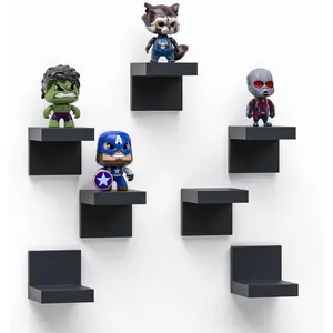 7-Pack Small Floating Shelves for Wall by , Plastic Black Shelf 4 Inch Display Ledges Room Decor, Mini with 2 Types of Installation (Adhesive or Screw)