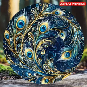 2D Flat, 1pc Vintage Peacock Feathers Round Aluminum Metal Tin Sign - 8x8 Inch Wall Decor with Pre-Drilled Holes, Intricate Blue & Golden Design for Home, Garden, Yard, Living Room - Perfect for Christmas, Easter, Valentine's, Father'S Day Gifts, Outdoor