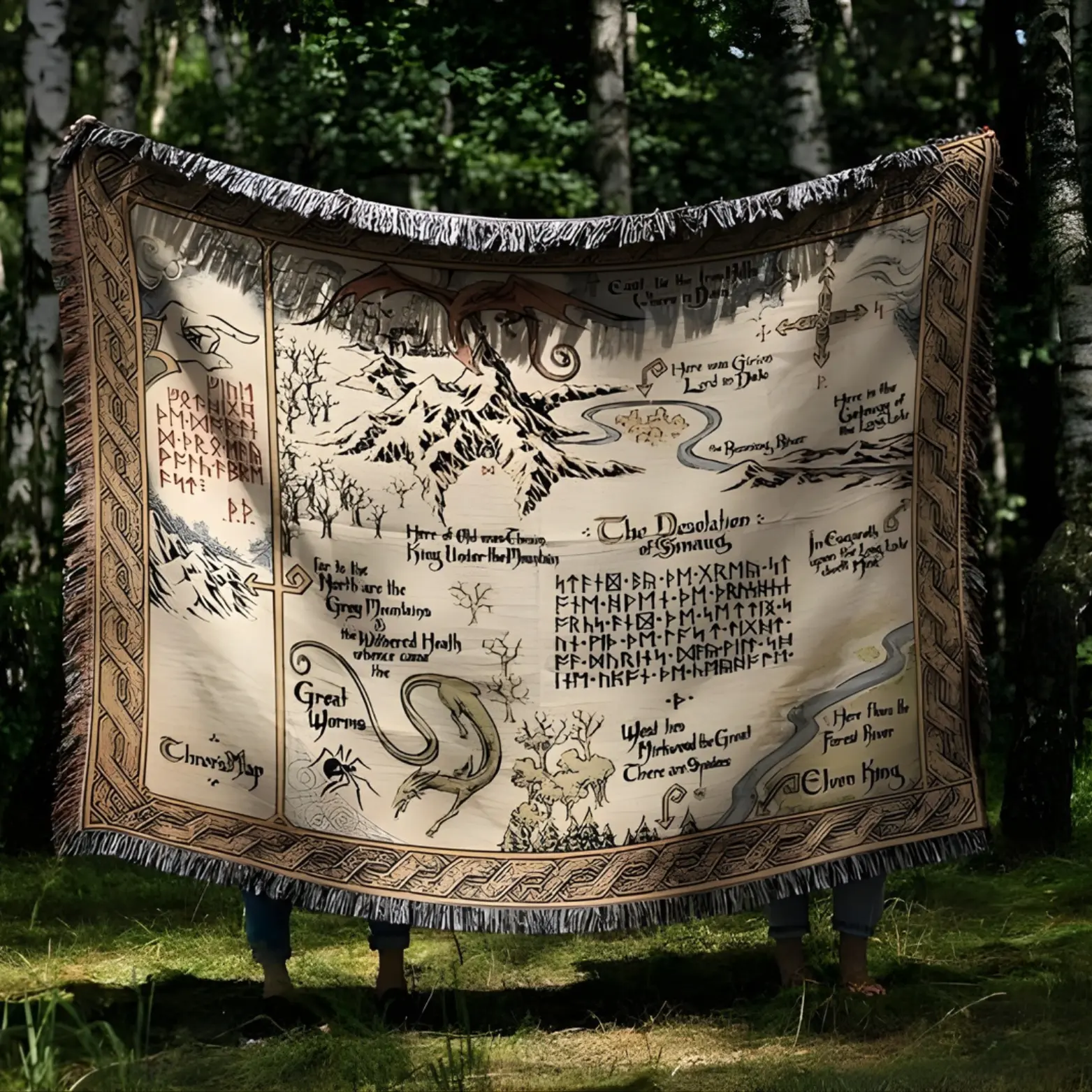 The Hobbit Thror Map Throw Blanket Gift For LOTR Fans, Lord of the Rings Woven Tapestry, Middle Earth Blanket, Smaug Dragon Throw Blanket