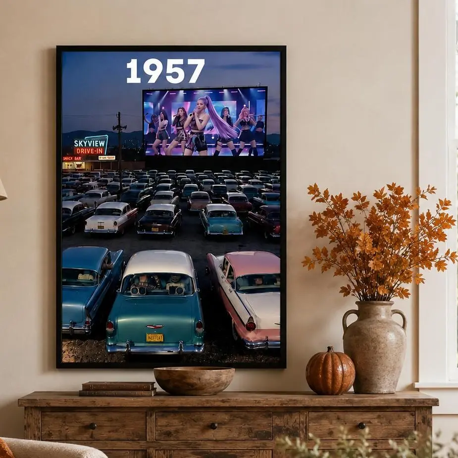 1957 Drive-In Theater Kpop Crossover Poster | Wall Decor, Bedroom Decor, Cool Stuff For Room, Fall Decor 2026 Vintage Car Art Print