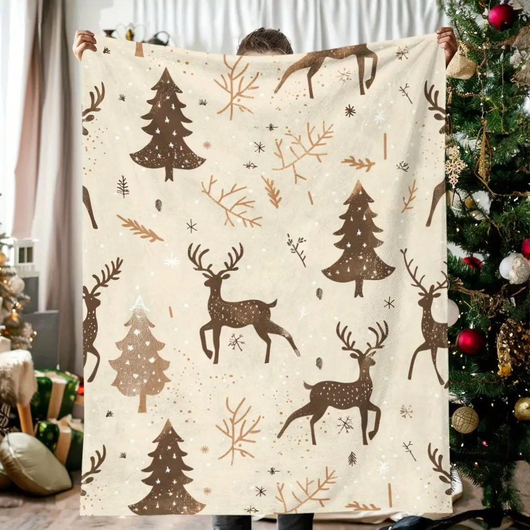Neutral Christmas Throw Blanket, Minimalist Deer and Christmas Tree Blanket with Woodland Winter Pattern, Scandinavian Holiday Blanket for Couch Sofa Bed, Modern Farmhouse Christmas Home Decor, Cozy Rustic Winter Gift Blanket
