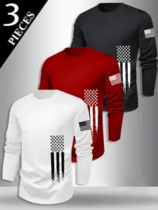 Men's 3-Pack Flag Series Graphic Print Long Sleeve Round Neck T-Shirt, Casual Fitted Bottoms for Fall & Winter, Soft Fabric