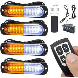 Led Strobe Lights for Trucks Vehicles Suvs,12-24v 4pcs Emergency Warning Caution Hazard Construction Slim Sync Feature Car with Main Control Surface Mount (White Amber)