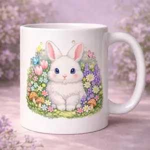Bunny Spring Flowers Mug Creamic Woodland Rabbit Easter Coffee Cup