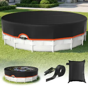 14FT heavy-duty engineered mechanical buckle pool cover for above-ground round pools, solar cover with waterproof and moisture-resistant protection, tear-resistant fabric, and multi-functional design. rainproof cover  durable