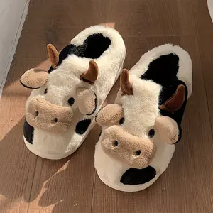 Women's Soft Fluffy House Slippers - Fuzzy Cow Cotton, Non-Slip, Fashionable, Indoor-Outdoor Slide Walking Shoes for Autumn & Winter