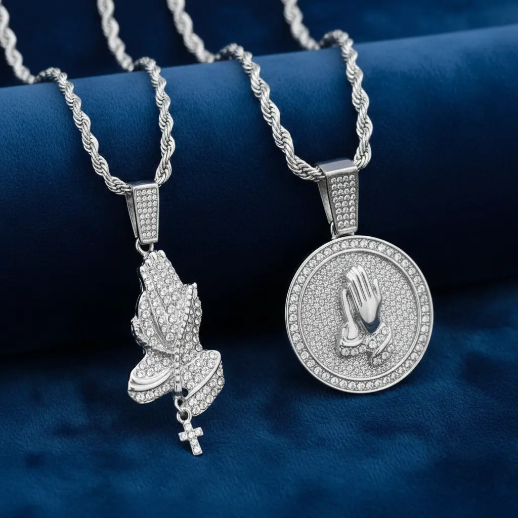 2PC Praying Hands W/ Cross & Medal CZ Iced Religious Pendant & 4mm 24" Rope Chain Hip Hop Necklace Fashion Jewelry for Men, Women, Unisex