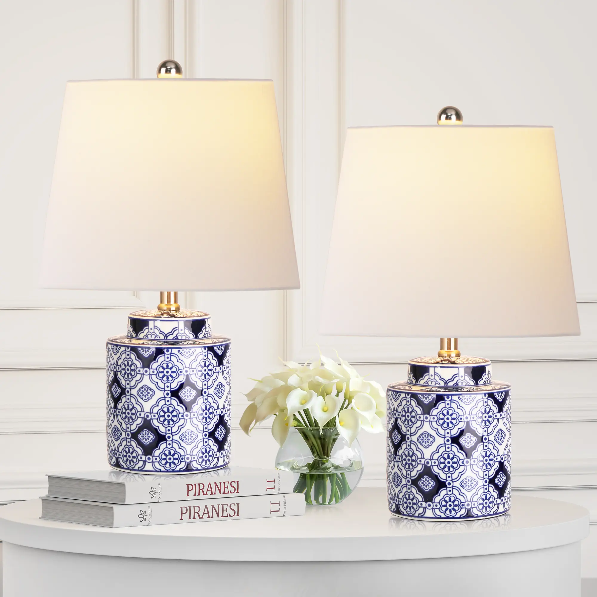 18.9" Blue Ceramic Table Lamps Set Of 2, Porcelain Style Ginger Jar Lamps With 9W LED Bulb For Living Room Bedroom Study