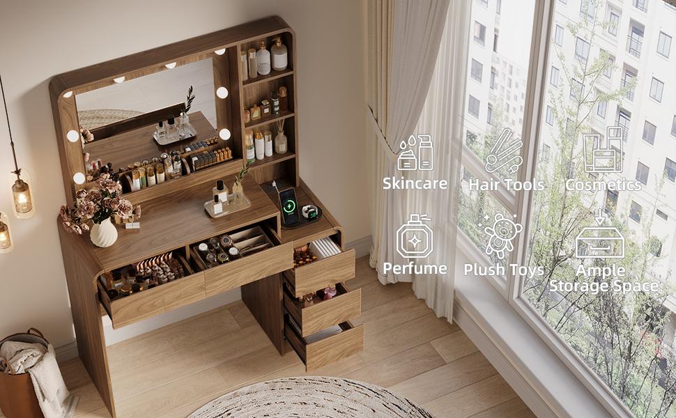 TOKSOM Modern Freestanding Makeup Vanity Desk - 35.4" Tabletop, 19.2" Bright LED Built-In Lights Elegant Mirror, 5 Drawers, 6 Open Shelves, Charging Station for Women - Bedroom Indoor Furniture Vanities, Built-In Lights Makeup Vanities TOKSOM Modern Freestanding Makeup Vanity Desk - 35.4" Tabletop, 19.2" Bright LED Built-In Lights Elegant Mirror, 5 Drawers, 6 Open Shelves, Charging Station for Women - Bedroom Indoor Furniture Vanities, Built-In Lights Makeup Vanities