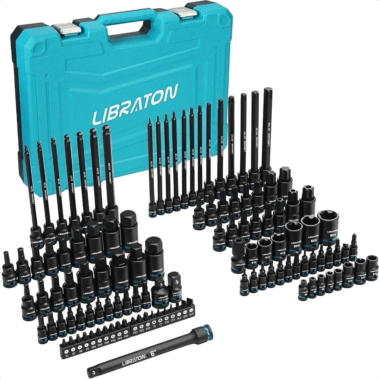 LIBRATON 118PCS Allen and Torx Bit Socket Set, Impact Ready Hex, E-Torx & Security Torx Socket Set, SAE & Metric, 1/4", 3/8" & 1/2", Long Reach Ball-End Hex, Adapters, Automotive Mechanic Tool Set