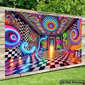 1pc 2D Flat Polyester Backdrop Banner - Vibrant Psychedelic Print Fabric with Colorful Swirls, Checkered Floor, Ornate Ceiling Design for Birthday Parties, Photography, Indoor-Outdoor Decor