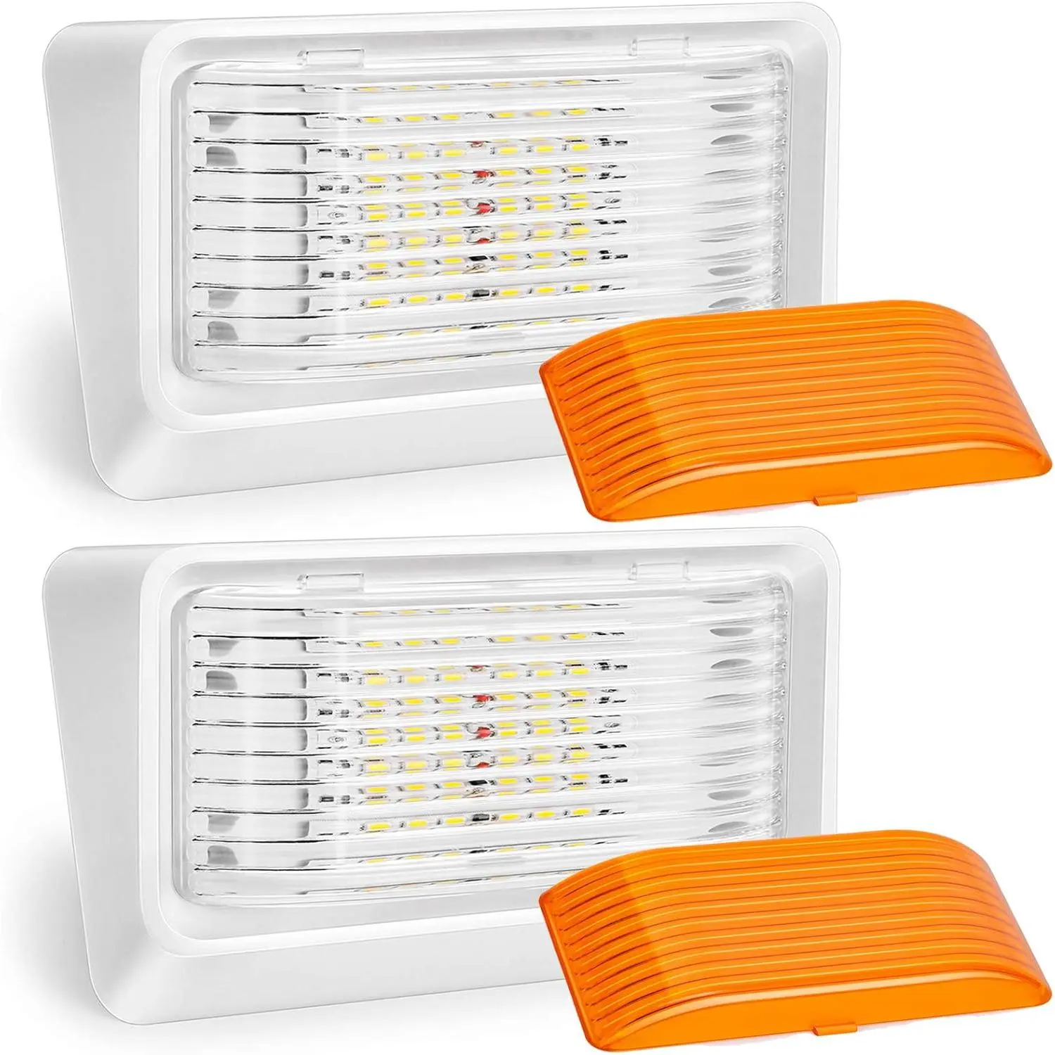 320 Lumen LED RV Porch Light Exterior Utility 12V Lighting Fixture LED Panel, Replacement Lighting for RVs, Trailers, Campers, 5th Wheels.White Base, Clear and Amber Lenses Included 2 Packs