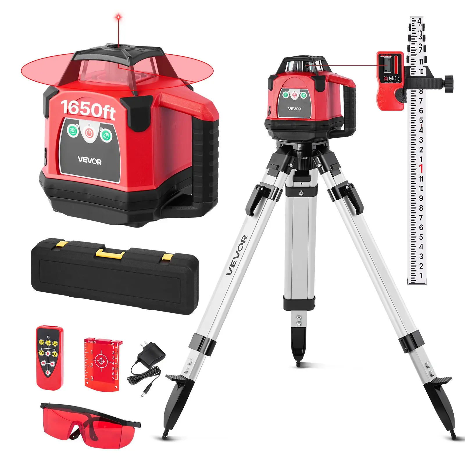 VEVOR Self-Leveling Rotary Laser Level Complete Kit, 1650ft 360-Degree Red Horizontal Laser Transit, Includes Heavy-Duty Tripod, Receiver, Remote Control, Toolcase, IP54 Waterproof, 0.06in/100ft for Construction