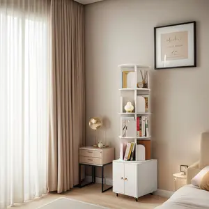 360° Rotating Bookshelf with Cabinet – 5-Tier Wooden Corner Bookcase, Freestanding Space-Saving Display Rack & Storage Organizer for Small Spaces, Bedroom, or Living Room, White