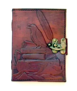 Raven Emboss Leather Journal with Leather Cover, Handmade Linen Pages, Metal Lock, 5x7 in Office Stationery Notebook
