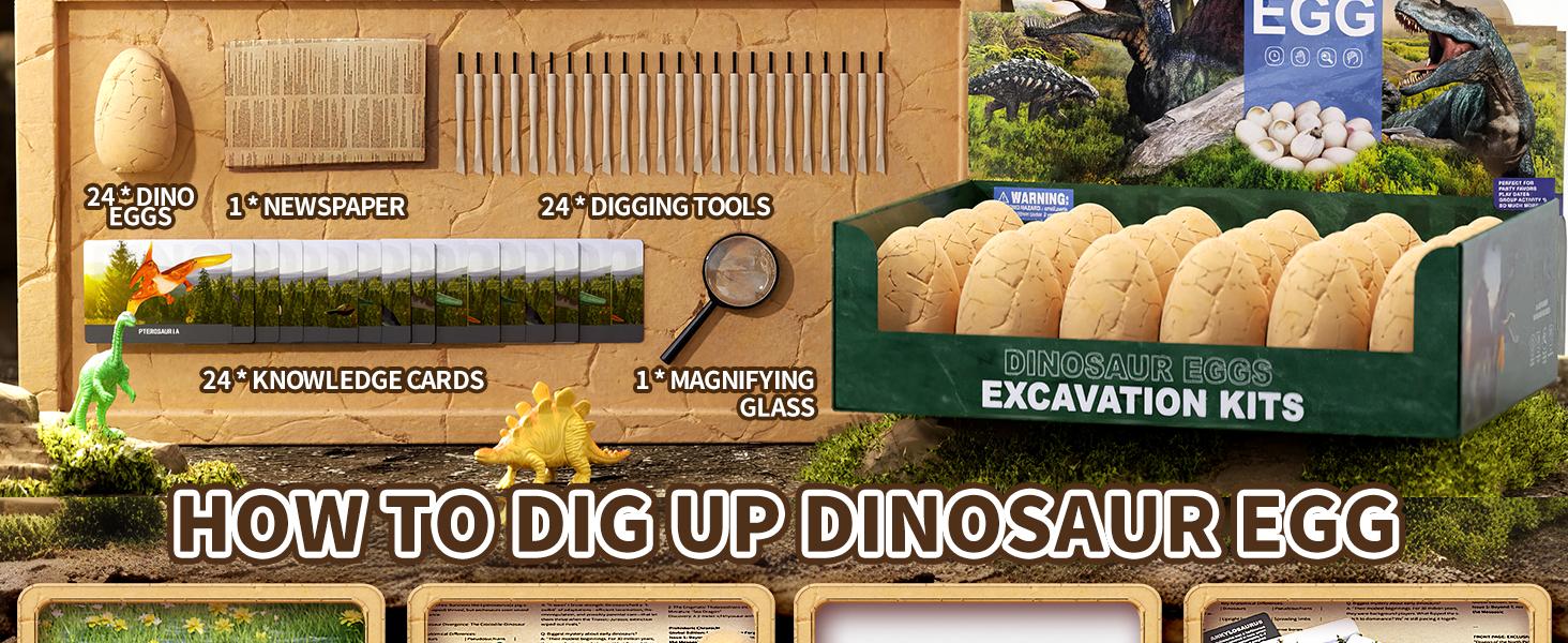 24 Dinosaur Eggs Dig Kit Toys for Kids, Dinosaur Eggs Excavation Kit with Magnifier, Easter Basket Stuffers, Science STEM Birthday Party Favors Gifts for Boys Girls Age 3 4 5 6 7 8 9 10 + Years Old