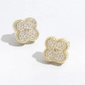 Gold Tone Outline Pave Clover Post Earrings