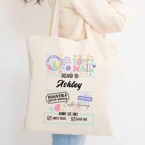 Personalized Easter Tote Bag, Custom Name Hoppy Mail Tote, Easter Bunny Delivery Canvas Tote, Kids Easter Basket Bag