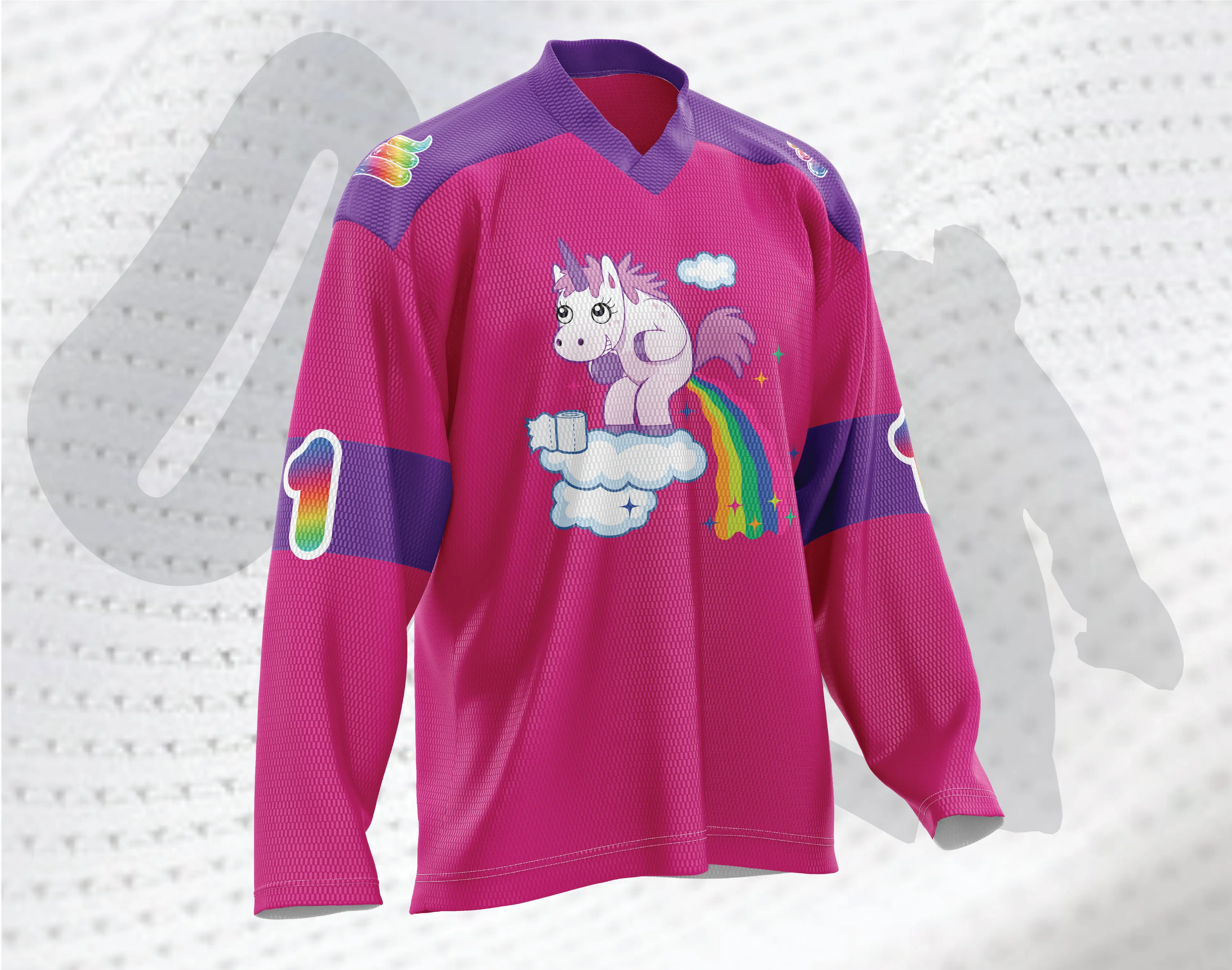 Pooping Rainbow Unicorn Jersey - Customizable Pink Hockey Jersey for Autumn with Collared Neck Sublimated Bold Color 100% Polyester