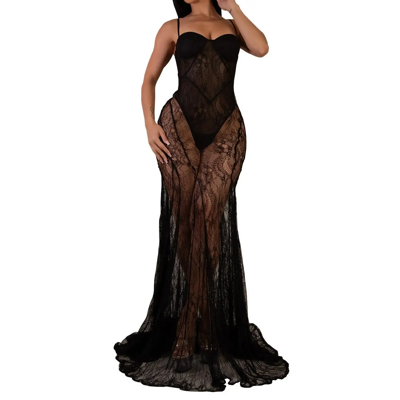 Women's See-Through Sleeveless Spaghetti Strap Bodycon Maxi Evening Dress - Statement Style Outfit of the Night for Wedding Guests, Formal Events