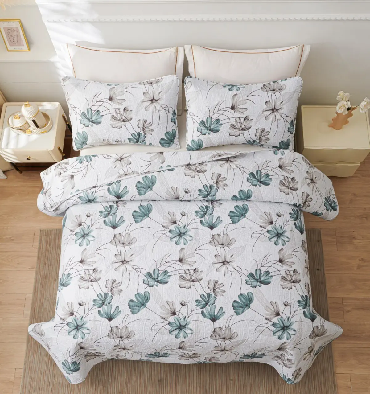 3-Piece Elegant Blue & Coffee Toile Print Quilt Set-Reversible Quilt Bedding Set,Premium Stitched Quilted Coverlet with 2 Pillow Shams,Vibrant Digital Print Bedspread, No Shrinkage & Anti-deform Soft All Season Bed Set for Queen/King Size Bedroom Decor