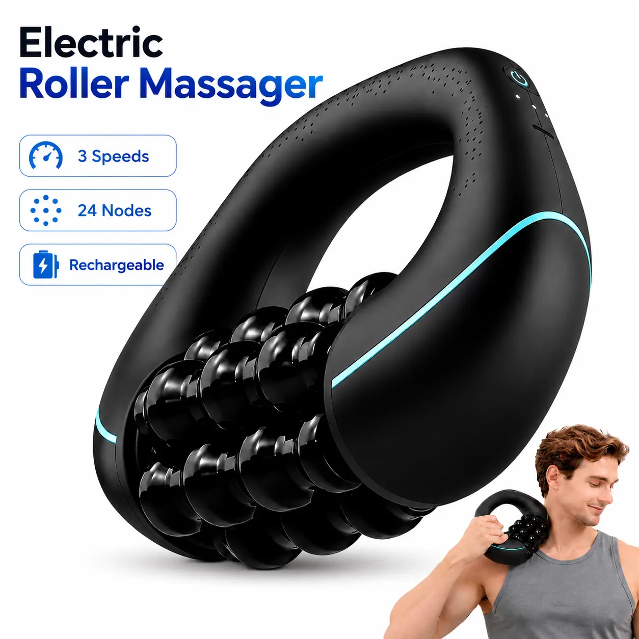 Electric Handheld Roller Massager, 3-Speed Handheld Body Massager with 24 Massage Nodes for Neck, Shoulders, Back, Arms and Legs.Gift for Parents