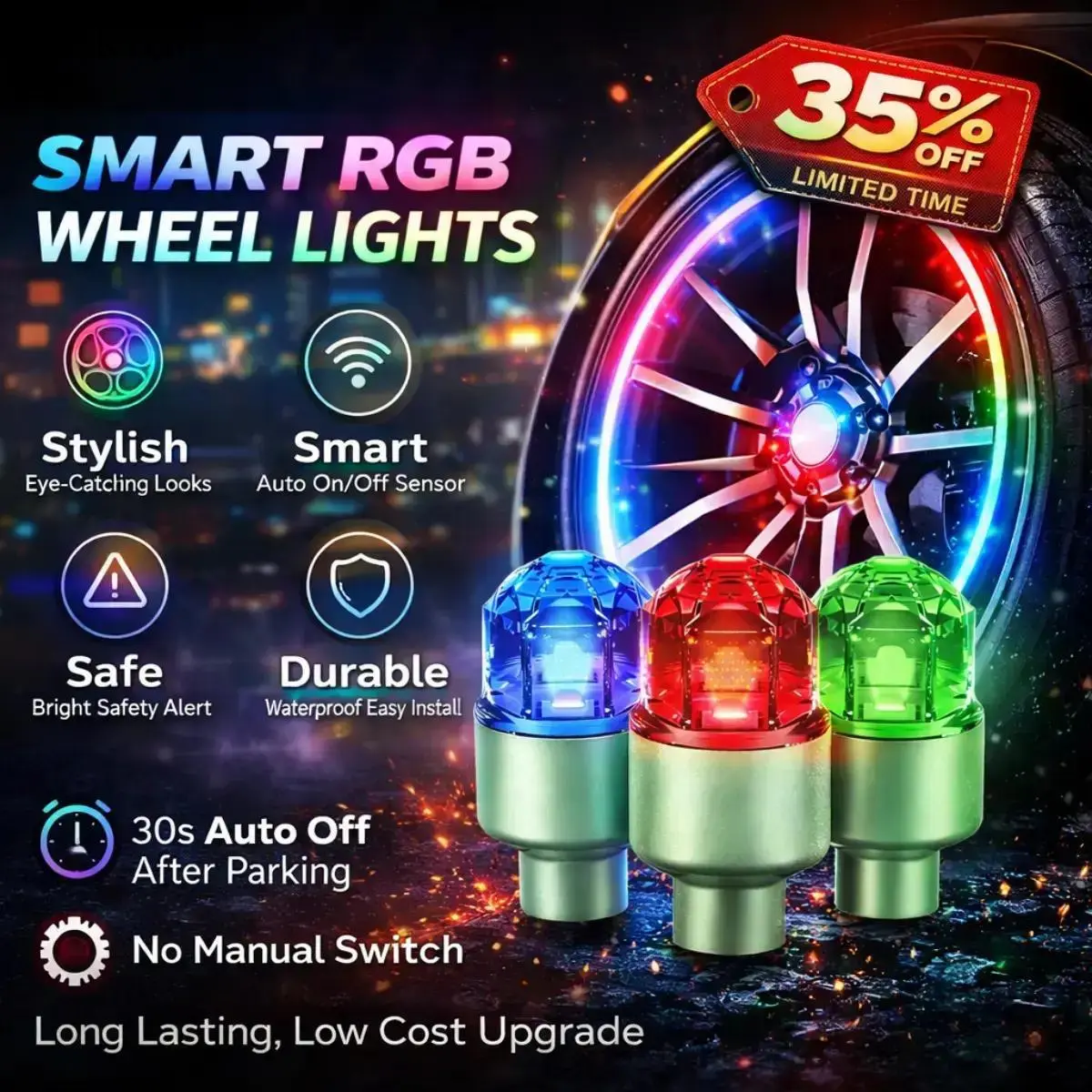 Vibration Sensitive Auto Wake-up LED Wheel Valve Cap Lights with Fully Waterproof Sealed Structure, Luminous Glowing Rim Decoration Lamps, Multi-Vehicle Fit Stylish Parts for Automobiles, Motorbikes and All Standard Bicycles