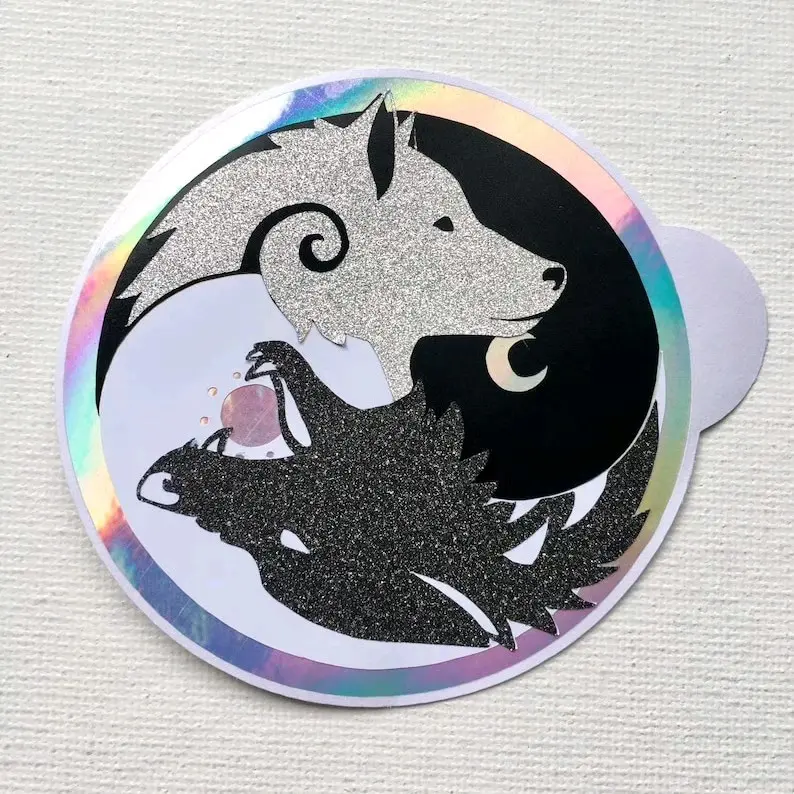 Yin/Yang Vinyl Wolf Sticker- Waterproof glitter and holographic vinyl