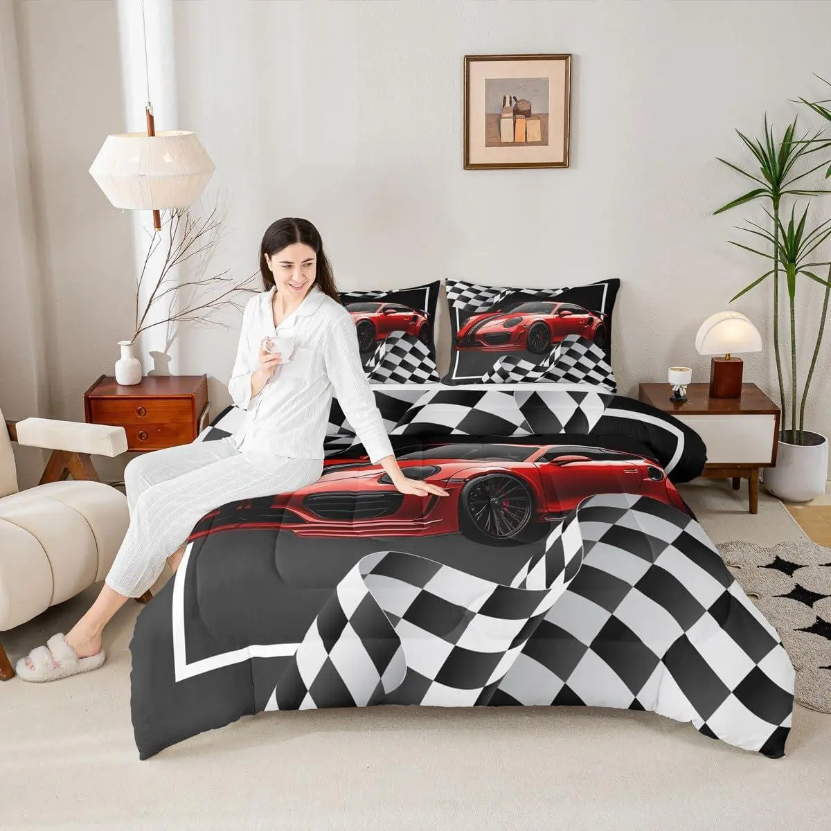 Red Race Car Comforter Set,Black White Lattice Bedding Set for Kids Boys Teens Room Decor,Extreme Sport Games Quilt Set,Cool Modern Duvet Insert