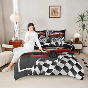 Red Race Car Comforter Set,Black White Lattice Bedding Set for Kids Boys Teens Room Decor,Extreme Sport Games Quilt Set,Cool Modern Duvet Insert