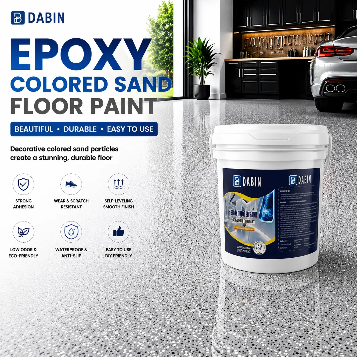 Color Sand Epoxy Floor Paint Marble Effect Self-Leveling Resin Coating Suitable for garages, courtyards, studios, and rooms.