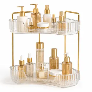2-Tiers Corner Bathroom Counter Organizer, Clear Countertop Shelf Storage Rack, Cosmetic Perfume Tray Standing Holder with Gold Metal Pole, Skincare Sink Organizer for Vanity Kitchen Transparent Smooth,perfume organizer tray,skincare organizer