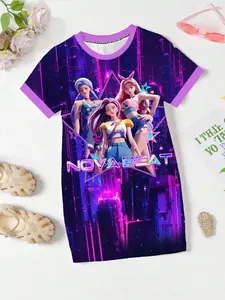 K-Pop Cartoon Girl Short Sleeve Dress, Loose Fit Y2K Style Casual Fashion, Heart Colorful Stars Pattern Tee Skirt