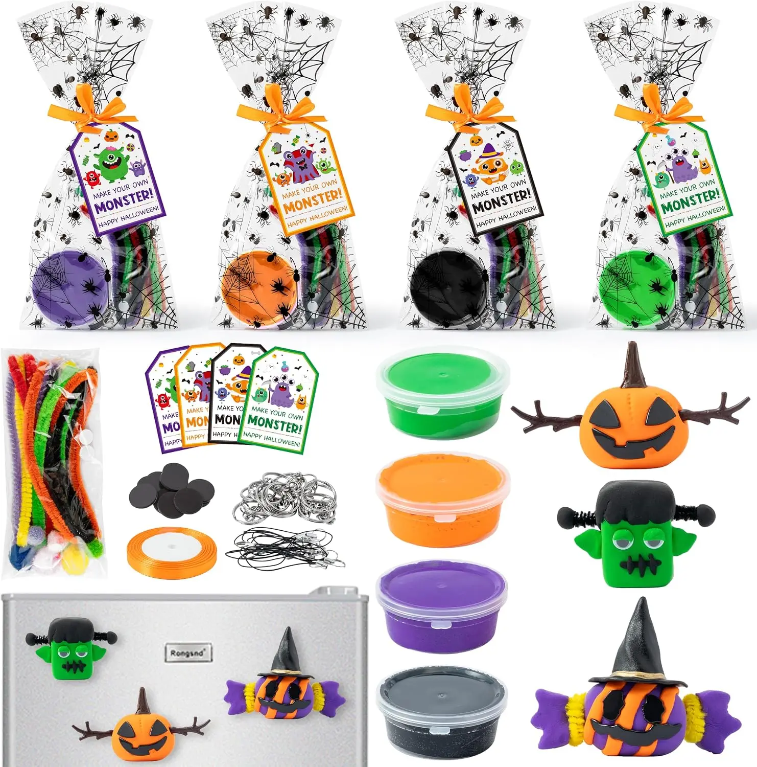 Halloween Air Dry Clay Craft Kit - 16 Packs Cute Monster Pumpkin DIY Set with Magnet, Keychain, Ornament, Gift Bag for Classroom Exchange (Educational Arts & Crafts Toy)