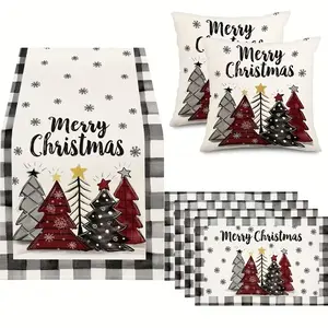 7-Piece Christmas Table Runner Set, Buffalo Plaid Design, Includes Mats, Pillowcases & Tablecloth, Indoor Outdoor Winter Decor