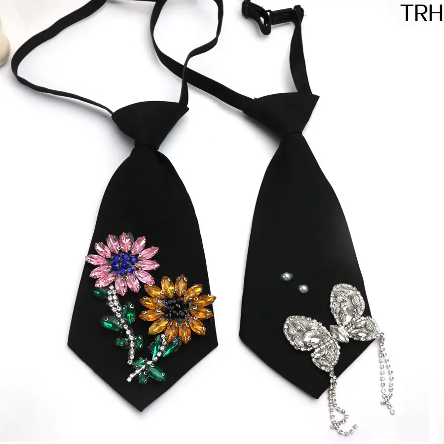 Women Pre-Tied Mini Neck Tie Accessory, Sparkly Rhinestone Butterfly & Floral Decor Black Necktie, Cute Sweet Adjustable Strap Collar Tie for Blouse Outf
