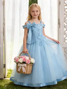 Girl's Cold Shoulder Faux Pearls Decor Contrast Lace Mesh Fit and Flare Dress Elegant Bow Decor Sleeveless Satin Dress for Party Wedding Guest Kids Clothes for All Seasons