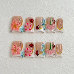 Super Cute Spring Floral Ladybug Press-on Nails, Kawaii 3D Flower Garden Nails for Girls, Pastel Pink Nude Fake Nails Y2K Trendy Manicure